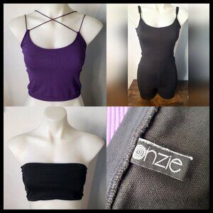 Hot Yoga 3 item bundle: black bodysuit, purple top, black Onzie bandeau